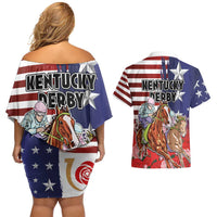 Kentucky Horses Racing Couples Matching Off Shoulder Short Dress and Hawaiian Shirt Roses Road with US Flag Style