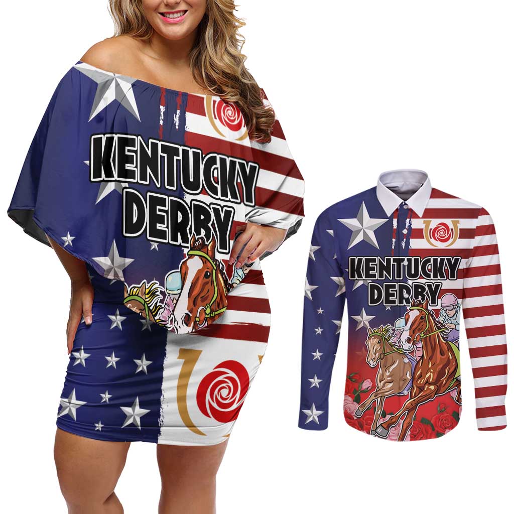 Kentucky Horses Racing Couples Matching Off Shoulder Short Dress and Long Sleeve Button Shirt Roses Road with US Flag Style
