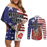 Kentucky Horses Racing Couples Matching Off Shoulder Short Dress and Long Sleeve Button Shirt Roses Road with US Flag Style