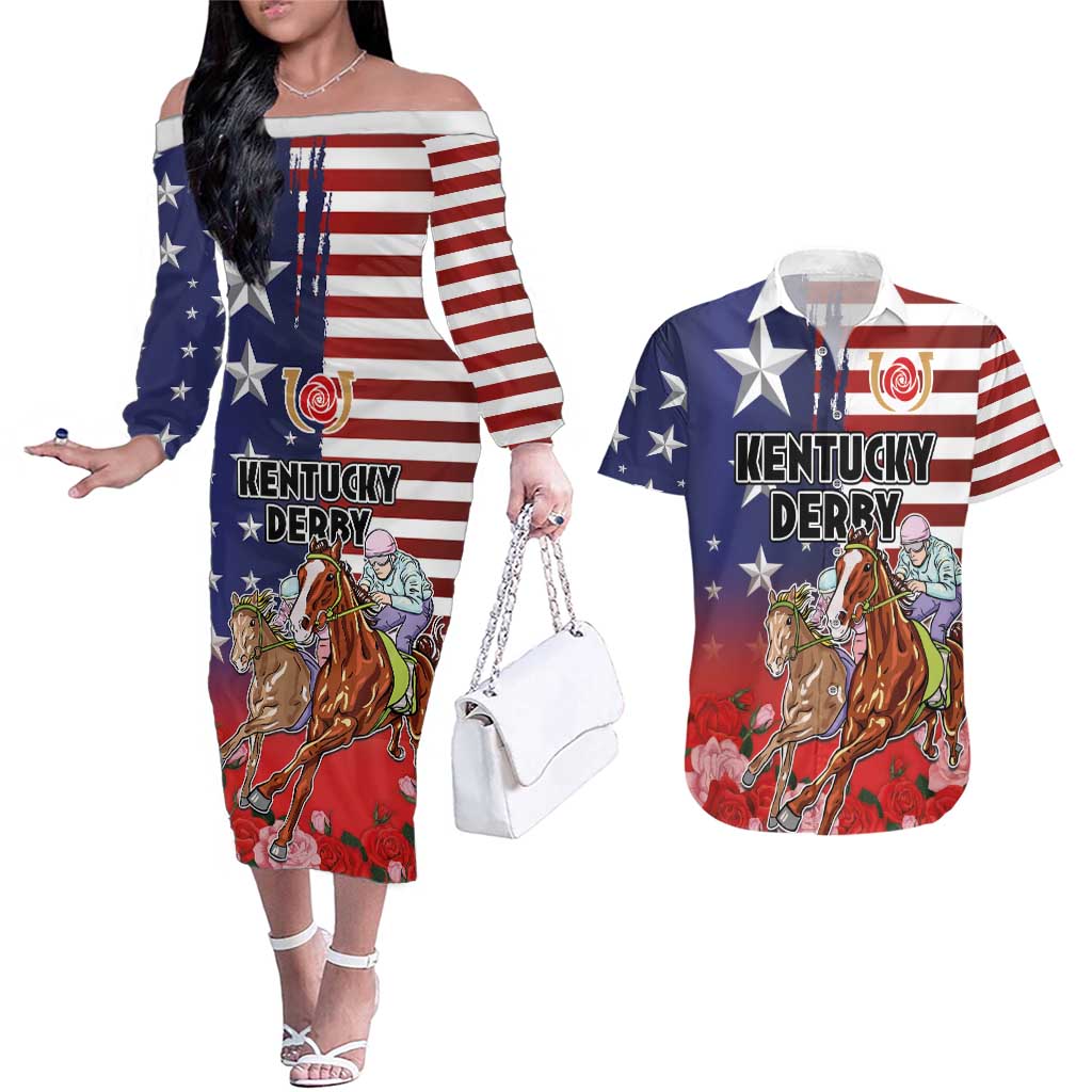 Kentucky Horses Racing Couples Matching Off The Shoulder Long Sleeve Dress and Hawaiian Shirt Roses Road with US Flag Style