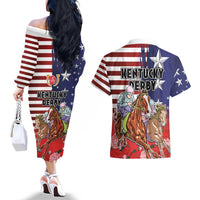 Kentucky Horses Racing Couples Matching Off The Shoulder Long Sleeve Dress and Hawaiian Shirt Roses Road with US Flag Style