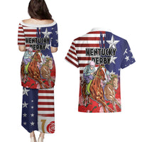 Kentucky Horses Racing Couples Matching Puletasi and Hawaiian Shirt Roses Road with US Flag Style