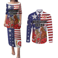 Kentucky Horses Racing Couples Matching Puletasi and Long Sleeve Button Shirt Roses Road with US Flag Style