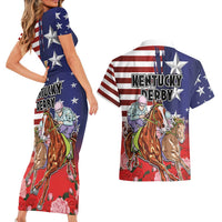 Kentucky Horses Racing Couples Matching Short Sleeve Bodycon Dress and Hawaiian Shirt Roses Road with US Flag Style