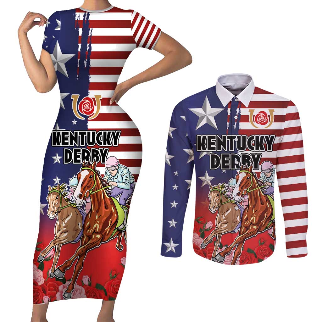 Kentucky Horses Racing Couples Matching Short Sleeve Bodycon Dress and Long Sleeve Button Shirt Roses Road with US Flag Style