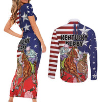 Kentucky Horses Racing Couples Matching Short Sleeve Bodycon Dress and Long Sleeve Button Shirt Roses Road with US Flag Style