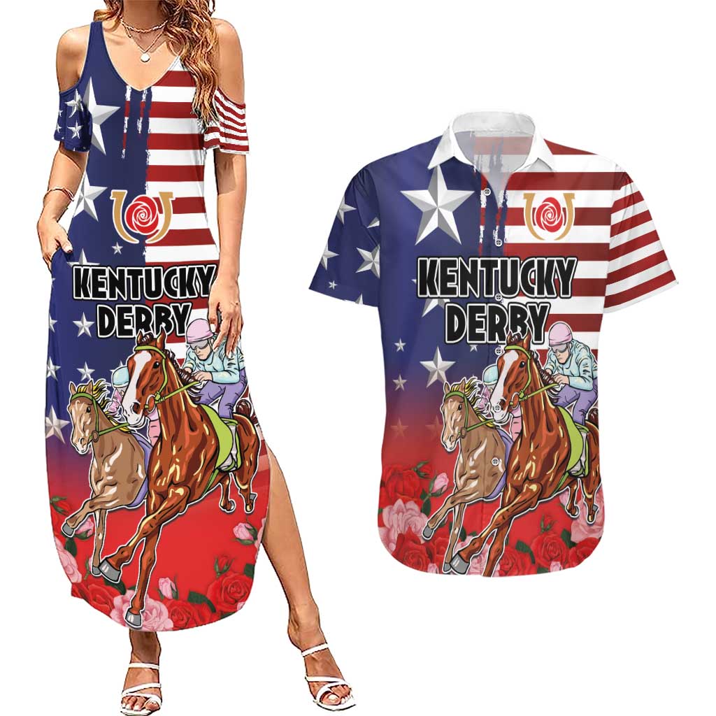 Kentucky Horses Racing Couples Matching Summer Maxi Dress and Hawaiian Shirt Roses Road with US Flag Style