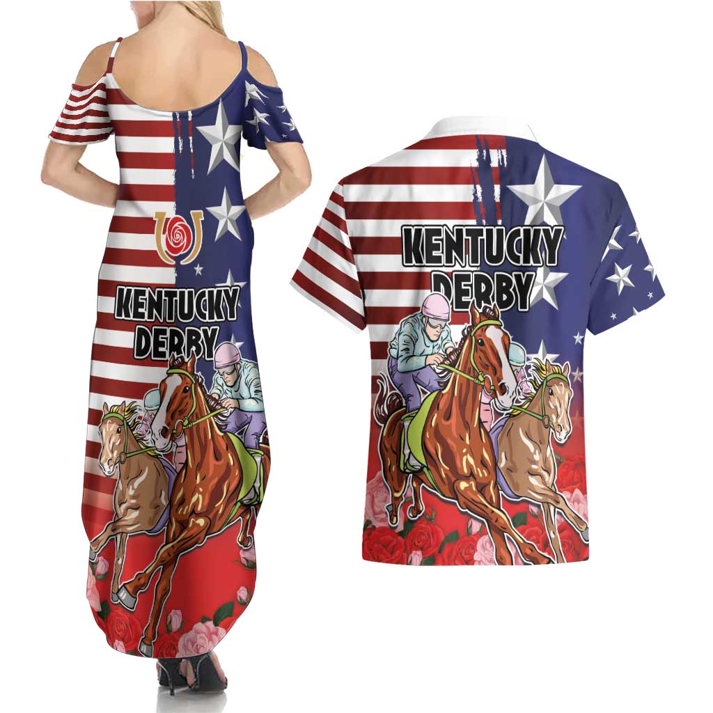 Kentucky Horses Racing Couples Matching Summer Maxi Dress and Hawaiian Shirt Roses Road with US Flag Style