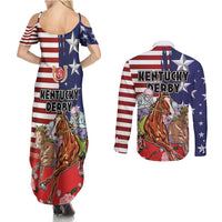 Kentucky Horses Racing Couples Matching Summer Maxi Dress and Long Sleeve Button Shirt Roses Road with US Flag Style