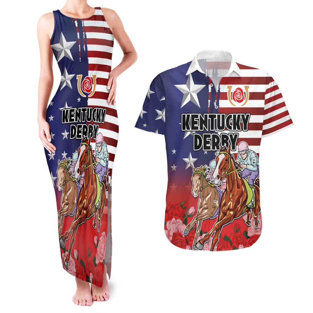 Kentucky Horses Racing Couples Matching Tank Maxi Dress and Hawaiian Shirt Roses Road with US Flag Style