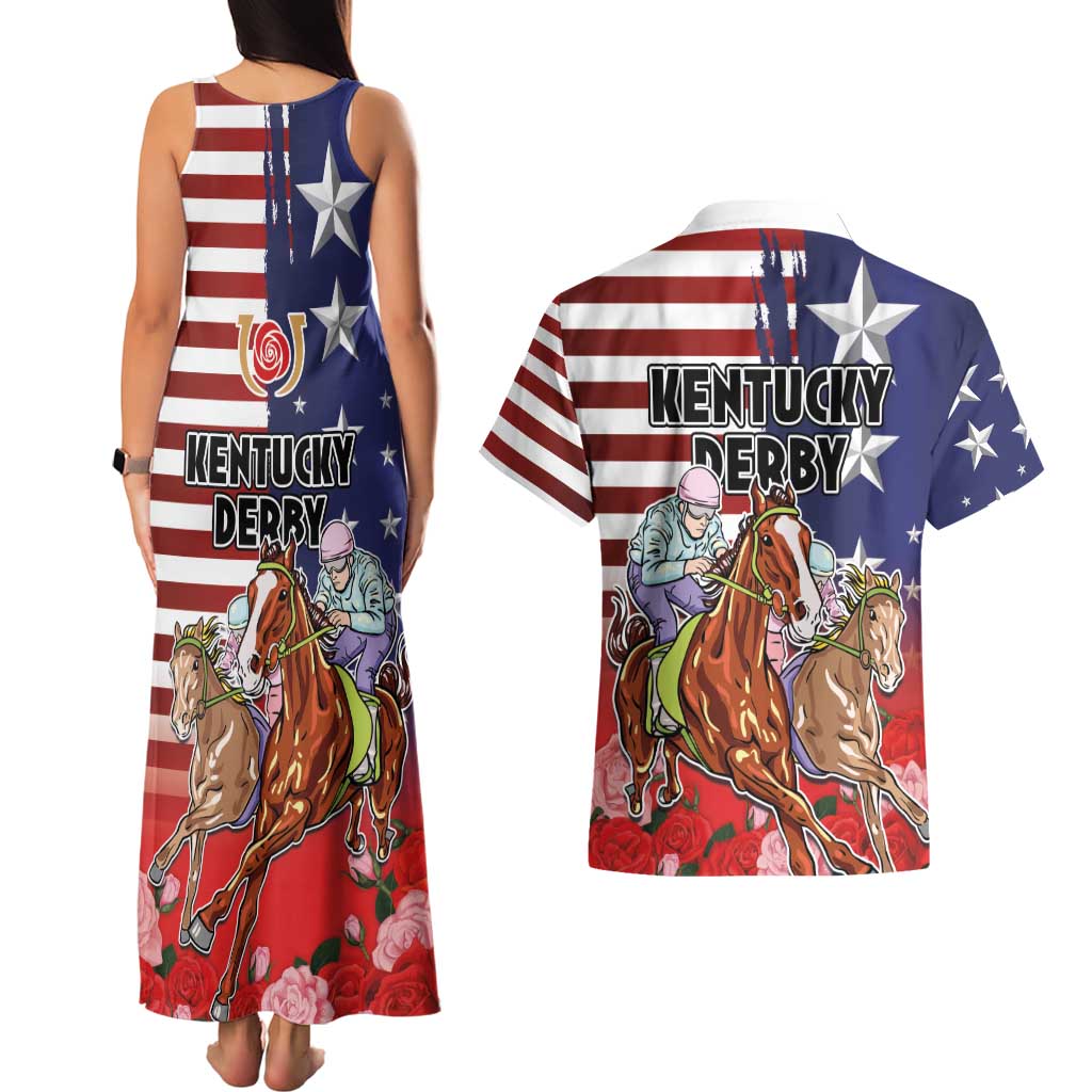 Kentucky Horses Racing Couples Matching Tank Maxi Dress and Hawaiian Shirt Roses Road with US Flag Style