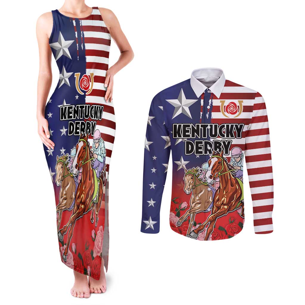 Kentucky Horses Racing Couples Matching Tank Maxi Dress and Long Sleeve Button Shirt Roses Road with US Flag Style