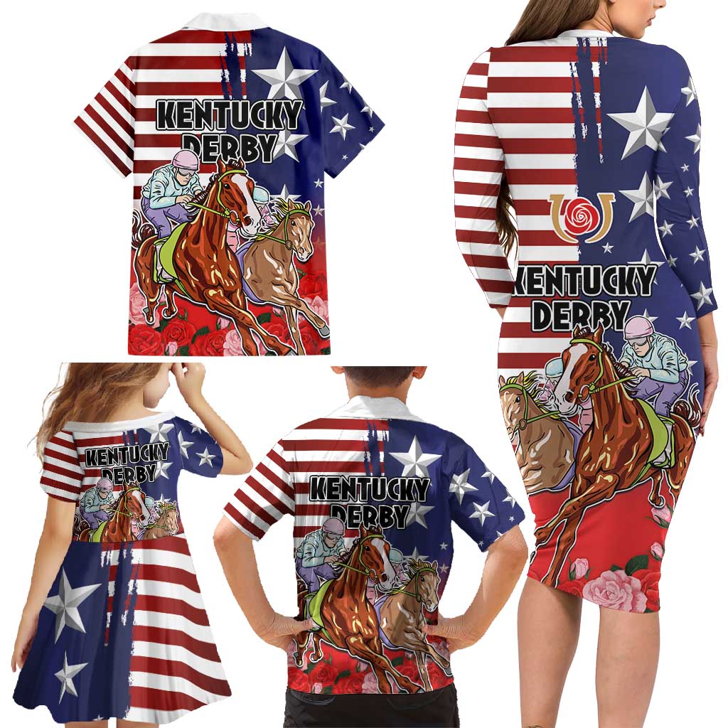 Kentucky Horses Racing Family Matching Long Sleeve Bodycon Dress and Hawaiian Shirt Roses Road with US Flag Style