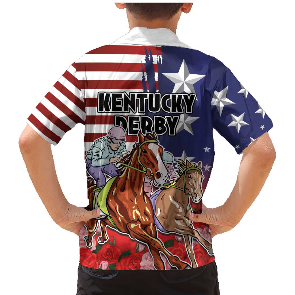 Kentucky Horses Racing Family Matching Mermaid Dress and Hawaiian Shirt Roses Road with US Flag Style