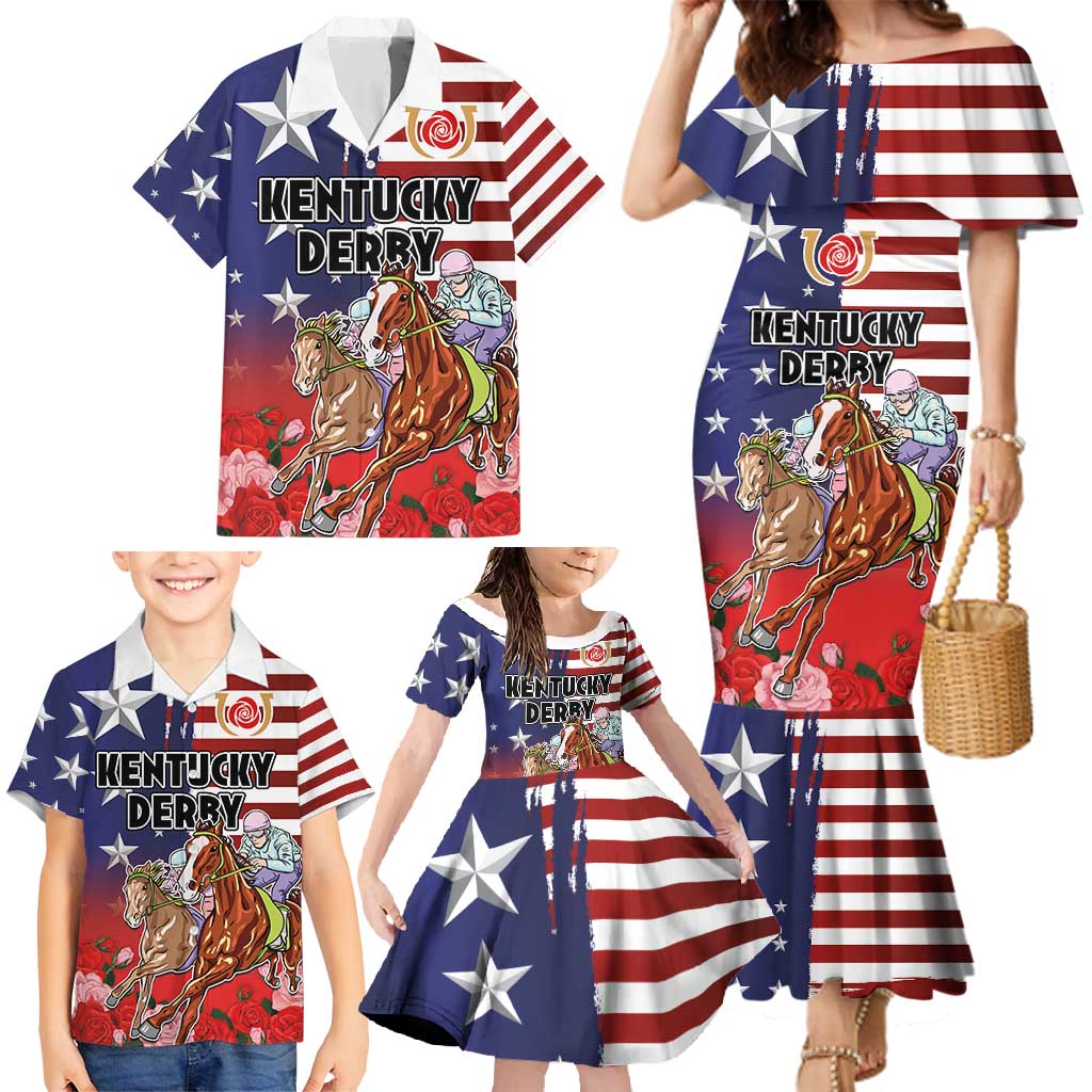 Kentucky Horses Racing Family Matching Mermaid Dress and Hawaiian Shirt Roses Road with US Flag Style