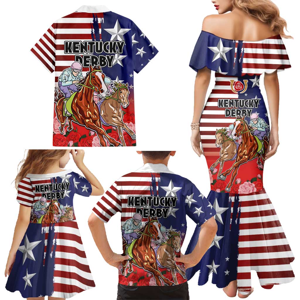 Kentucky Horses Racing Family Matching Mermaid Dress and Hawaiian Shirt Roses Road with US Flag Style
