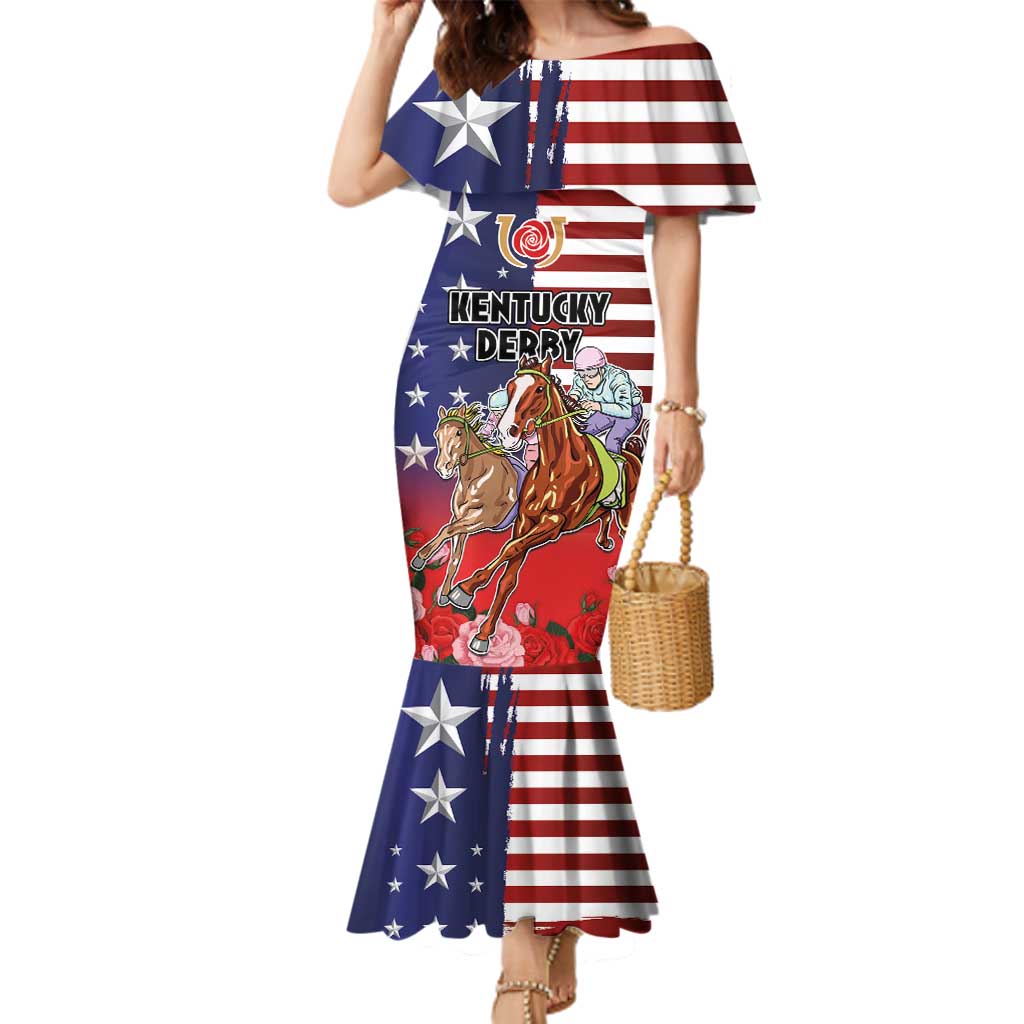 Kentucky Horses Racing Family Matching Mermaid Dress and Hawaiian Shirt Roses Road with US Flag Style