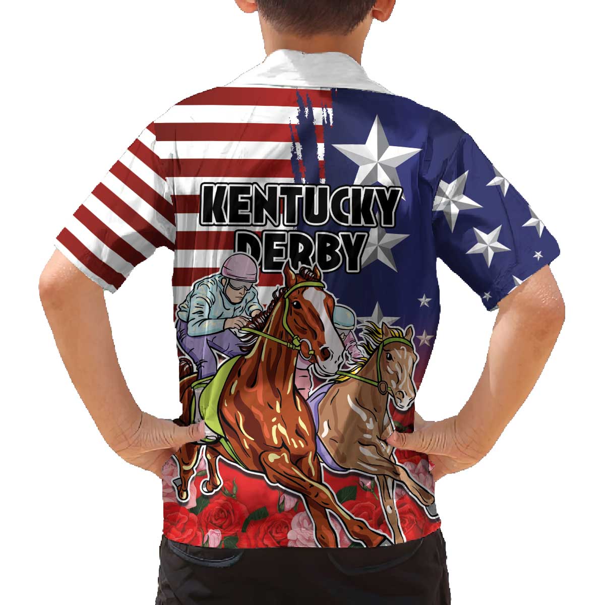 Kentucky Horses Racing Family Matching Off The Shoulder Long Sleeve Dress and Hawaiian Shirt Roses Road with US Flag Style