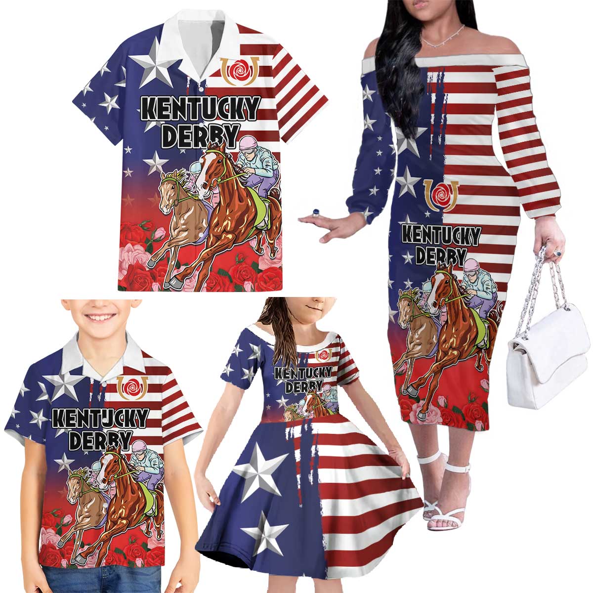 Kentucky Horses Racing Family Matching Off The Shoulder Long Sleeve Dress and Hawaiian Shirt Roses Road with US Flag Style