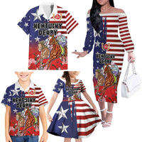 Kentucky Horses Racing Family Matching Off The Shoulder Long Sleeve Dress and Hawaiian Shirt Roses Road with US Flag Style