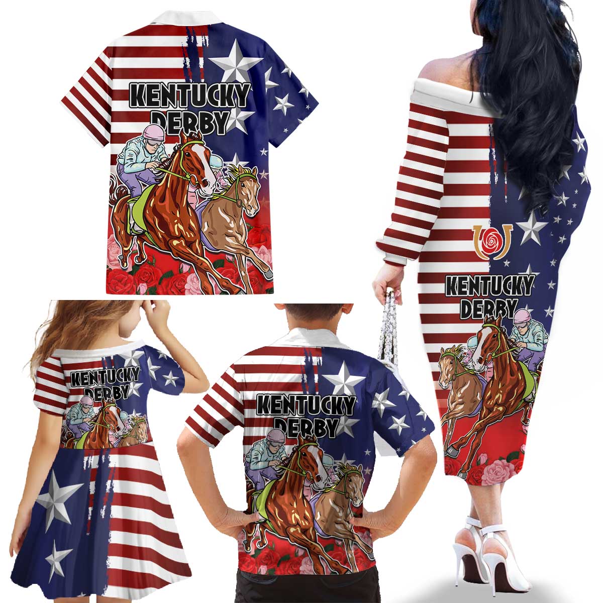 Kentucky Horses Racing Family Matching Off The Shoulder Long Sleeve Dress and Hawaiian Shirt Roses Road with US Flag Style