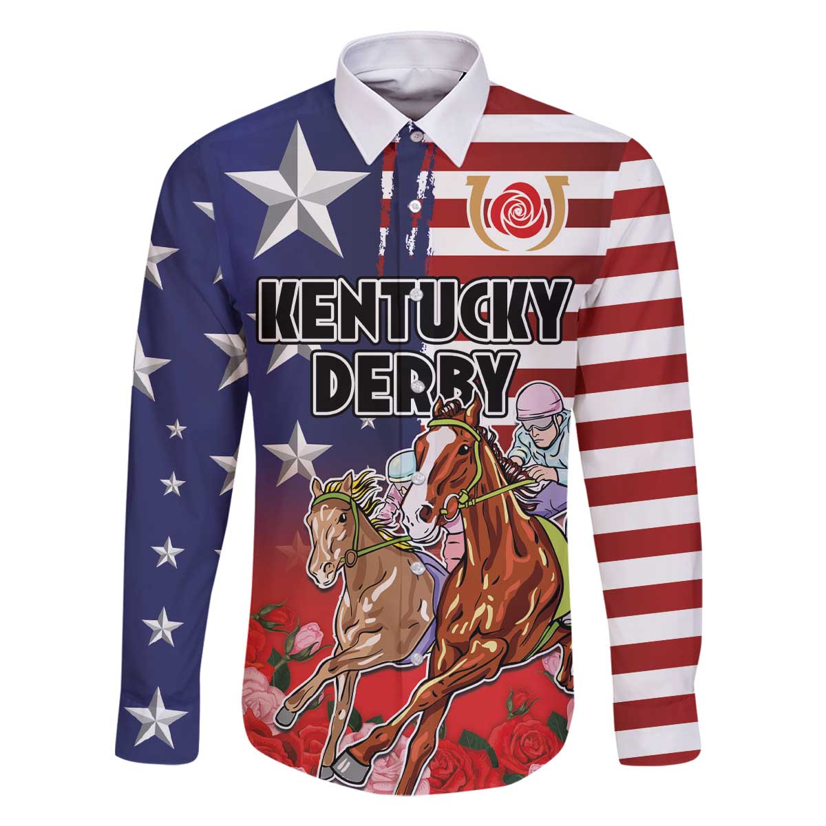 Kentucky Horses Racing Family Matching Off The Shoulder Long Sleeve Dress and Hawaiian Shirt Roses Road with US Flag Style