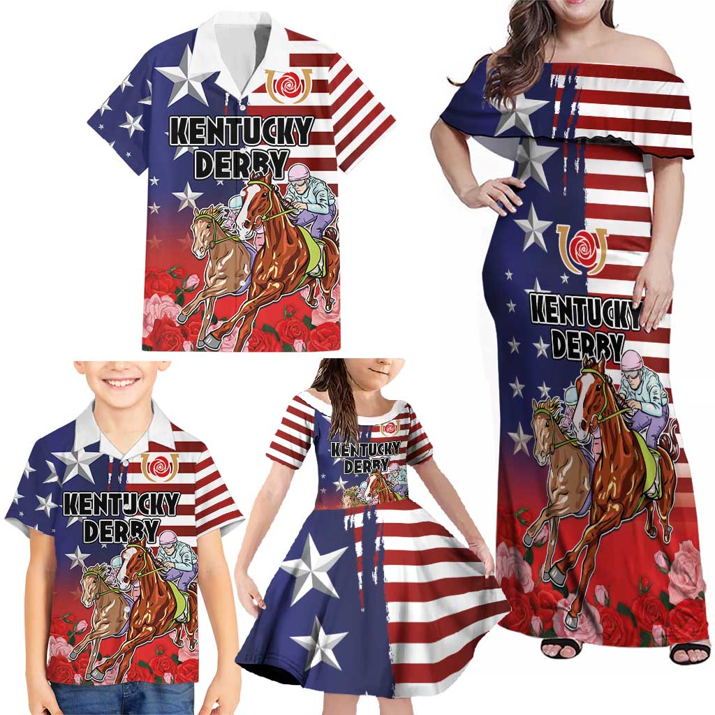 Kentucky Horses Racing Family Matching Off Shoulder Maxi Dress and Hawaiian Shirt Roses Road with US Flag Style