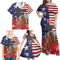 Kentucky Horses Racing Family Matching Off Shoulder Maxi Dress and Hawaiian Shirt Roses Road with US Flag Style