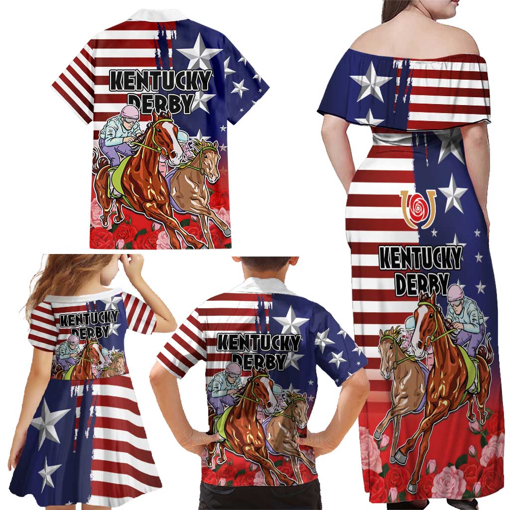 Kentucky Horses Racing Family Matching Off Shoulder Maxi Dress and Hawaiian Shirt Roses Road with US Flag Style