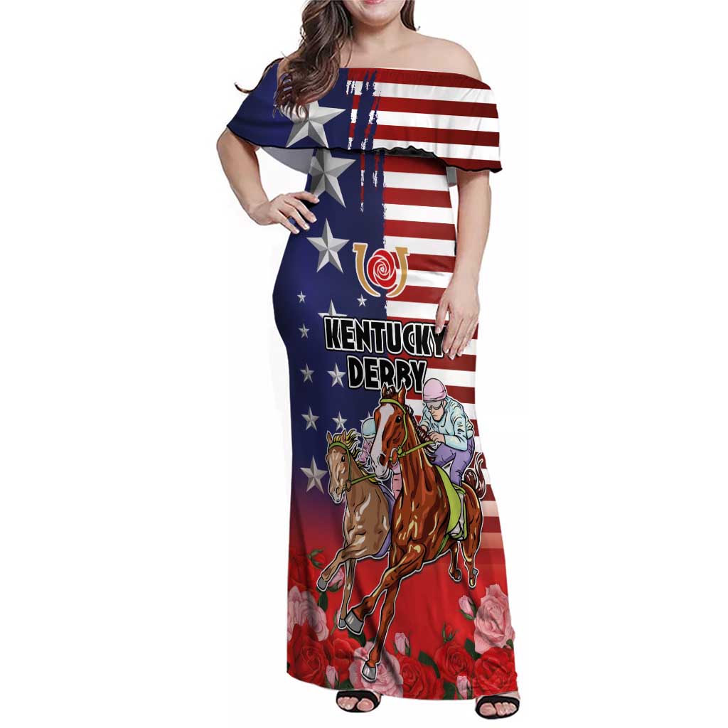Kentucky Horses Racing Family Matching Off Shoulder Maxi Dress and Hawaiian Shirt Roses Road with US Flag Style