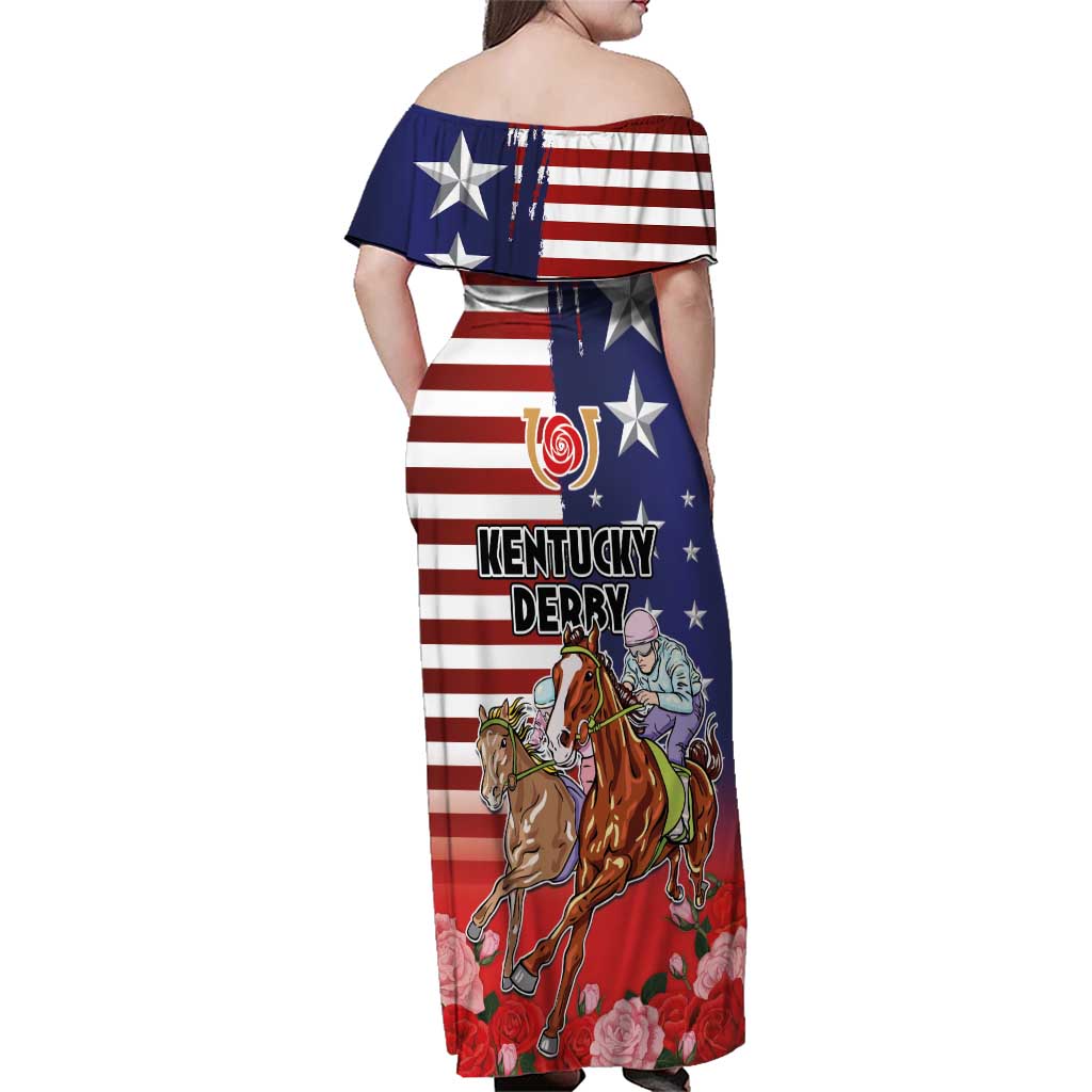 Kentucky Horses Racing Family Matching Off Shoulder Maxi Dress and Hawaiian Shirt Roses Road with US Flag Style