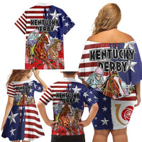 Kentucky Horses Racing Family Matching Off Shoulder Short Dress and Hawaiian Shirt Roses Road with US Flag Style