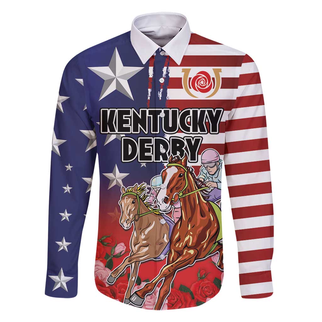 Kentucky Horses Racing Family Matching Off Shoulder Short Dress and Hawaiian Shirt Roses Road with US Flag Style