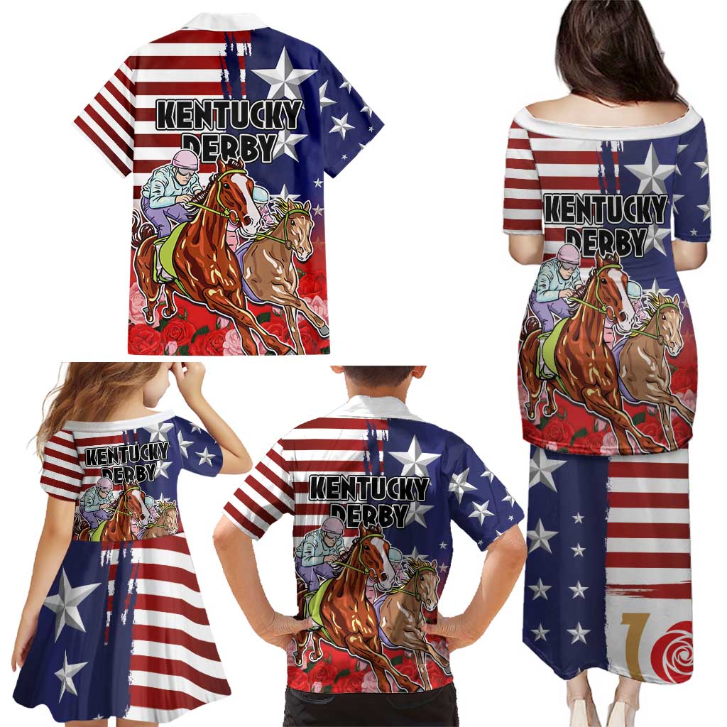 Kentucky Horses Racing Family Matching Puletasi and Hawaiian Shirt Roses Road with US Flag Style