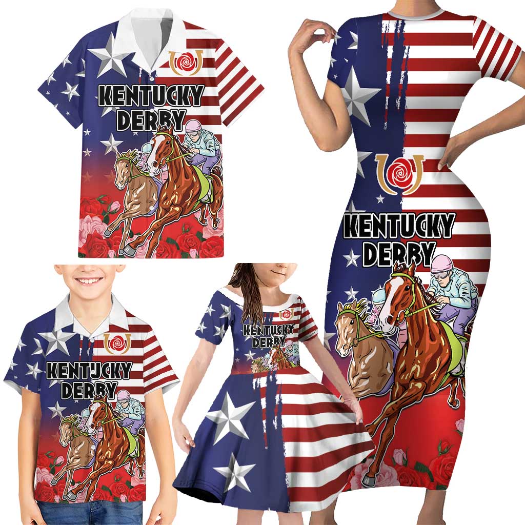 Kentucky Horses Racing Family Matching Short Sleeve Bodycon Dress and Hawaiian Shirt Roses Road with US Flag Style