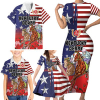 Kentucky Horses Racing Family Matching Short Sleeve Bodycon Dress and Hawaiian Shirt Roses Road with US Flag Style