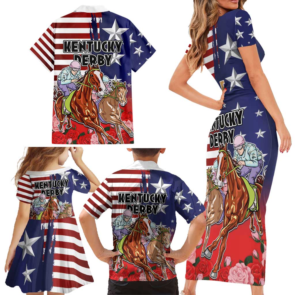 Kentucky Horses Racing Family Matching Short Sleeve Bodycon Dress and Hawaiian Shirt Roses Road with US Flag Style