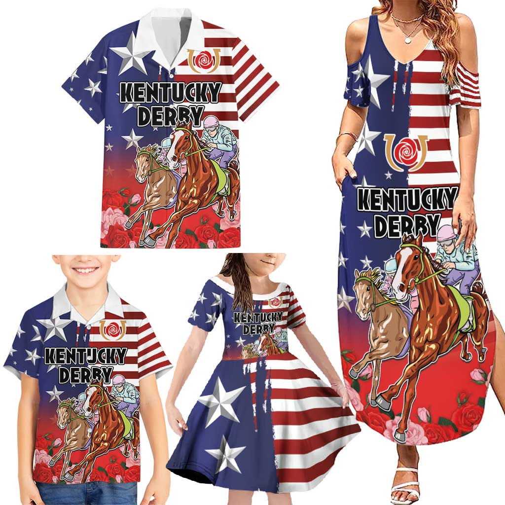 Kentucky Horses Racing Family Matching Summer Maxi Dress and Hawaiian Shirt Roses Road with US Flag Style