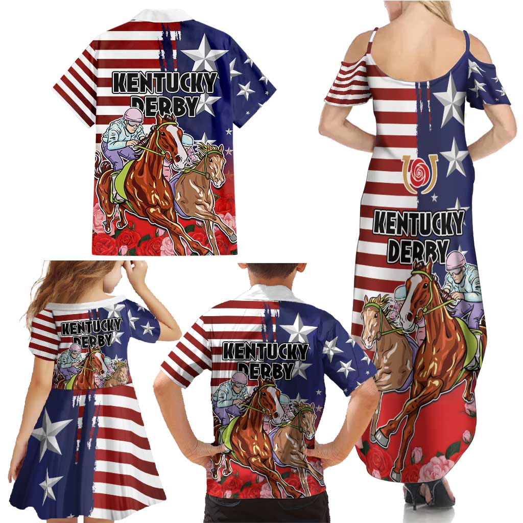 Kentucky Horses Racing Family Matching Summer Maxi Dress and Hawaiian Shirt Roses Road with US Flag Style