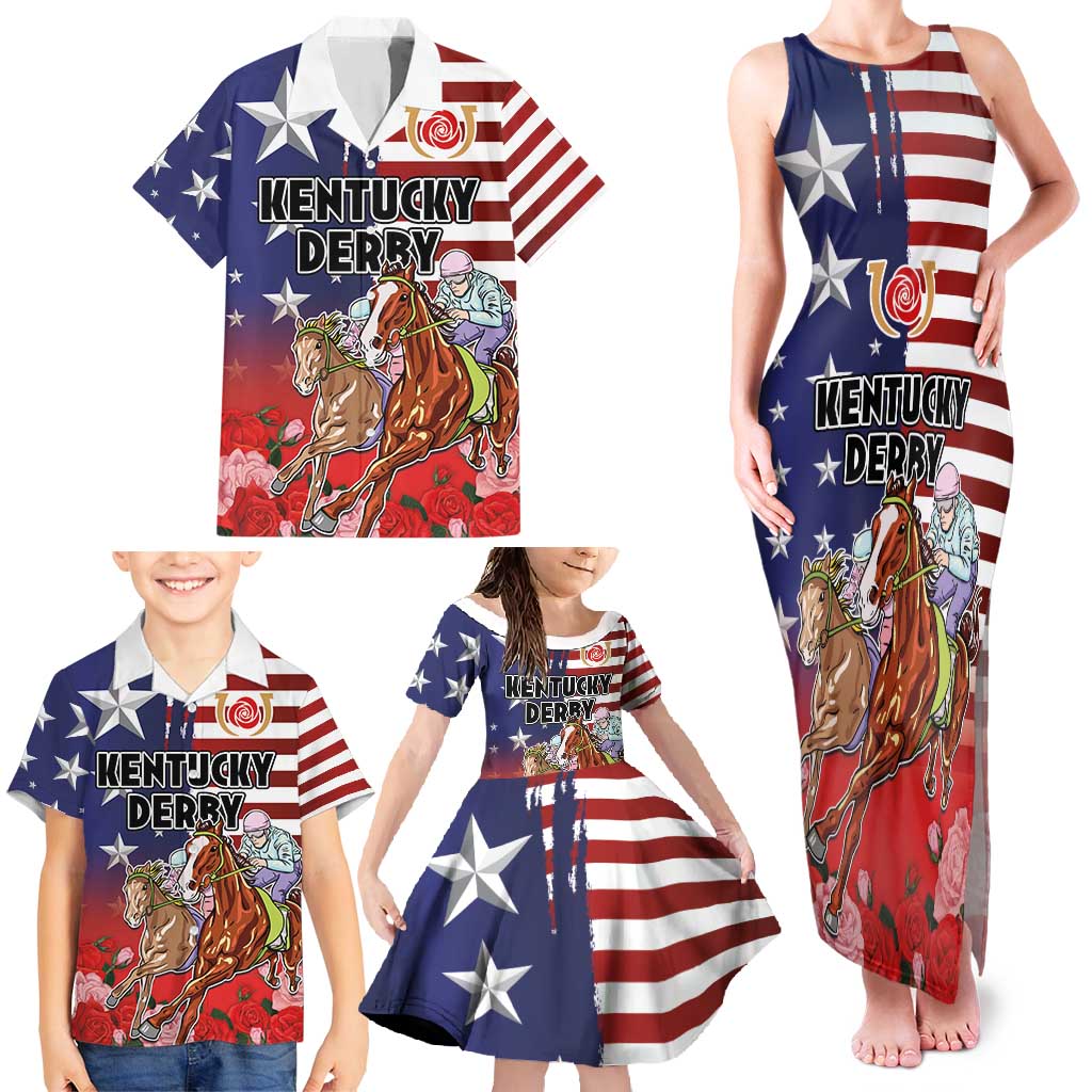 Kentucky Horses Racing Family Matching Tank Maxi Dress and Hawaiian Shirt Roses Road with US Flag Style