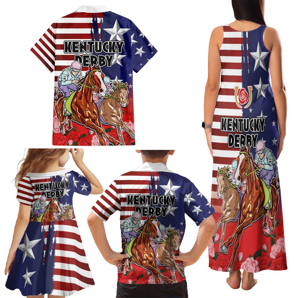 Kentucky Horses Racing Family Matching Tank Maxi Dress and Hawaiian Shirt Roses Road with US Flag Style