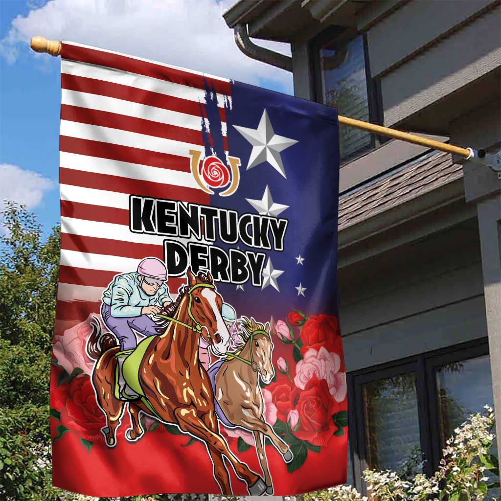 Kentucky Horses Racing Garden Flag Roses Road with US Flag Style