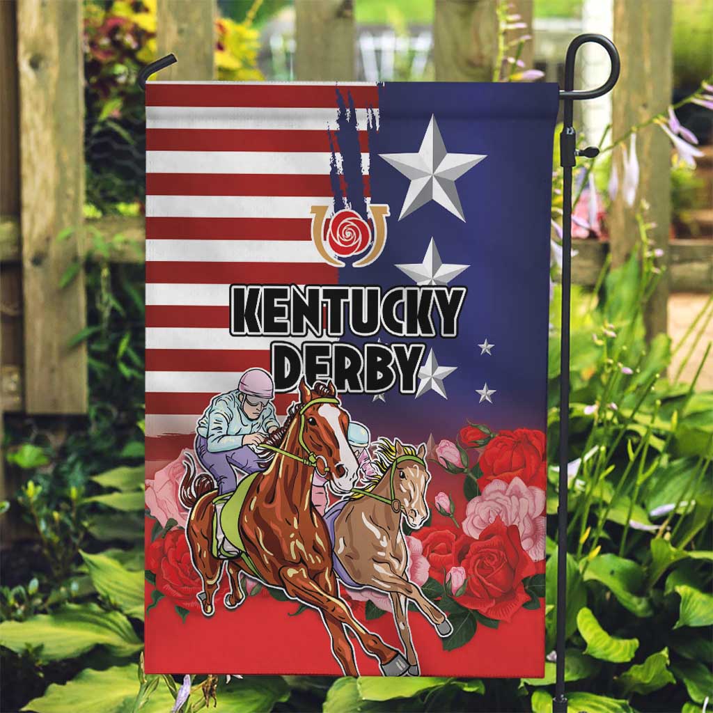 Kentucky Horses Racing Garden Flag Roses Road with US Flag Style
