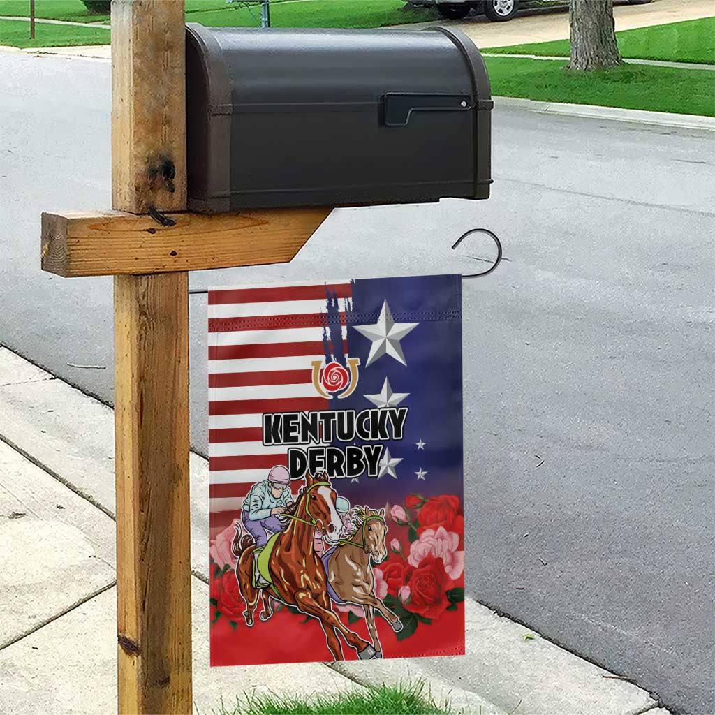 Kentucky Horses Racing Garden Flag Roses Road with US Flag Style