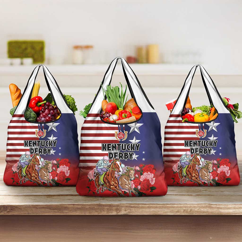 Kentucky Horses Racing Grocery Bag Roses Road with US Flag Style