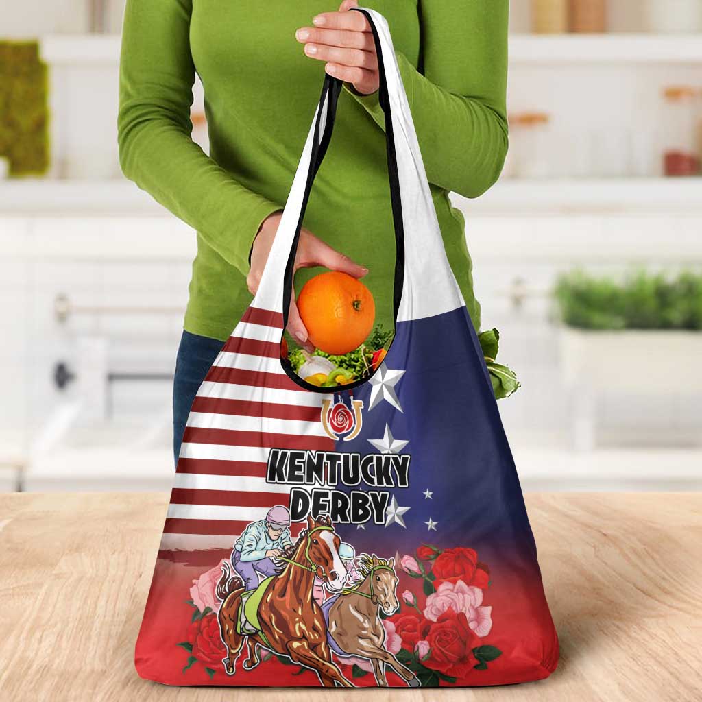 Kentucky Horses Racing Grocery Bag Roses Road with US Flag Style