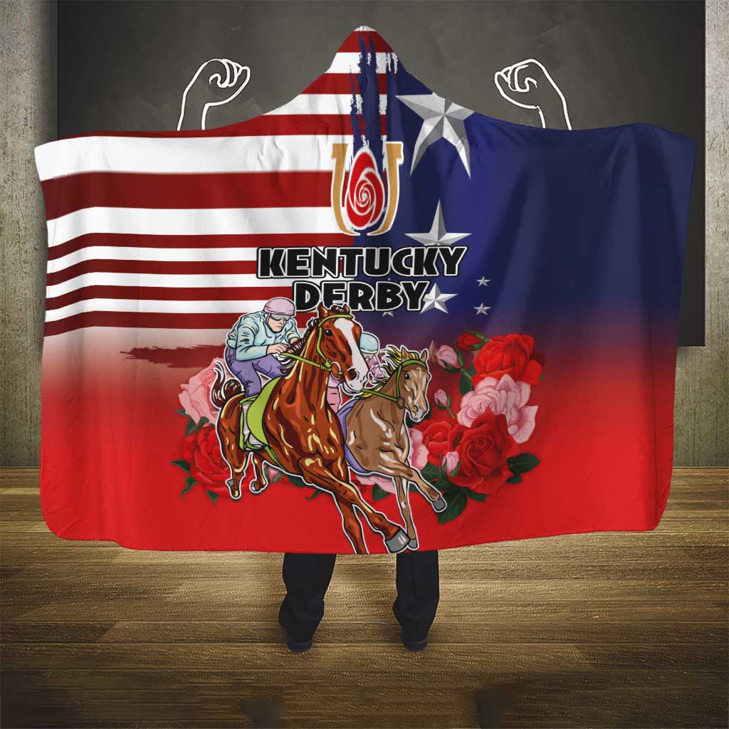 Kentucky Horses Racing Hooded Blanket Roses Road with US Flag Style
