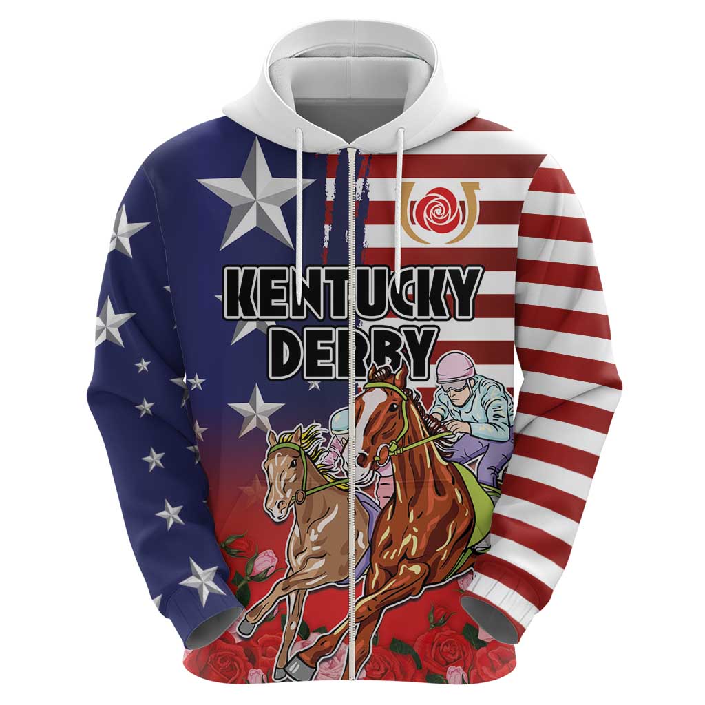 Kentucky Horses Racing Hoodie Roses Road with US Flag Style