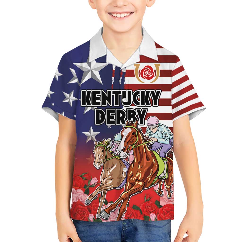Kentucky Horses Racing Kid Hawaiian Shirt Roses Road with US Flag Style