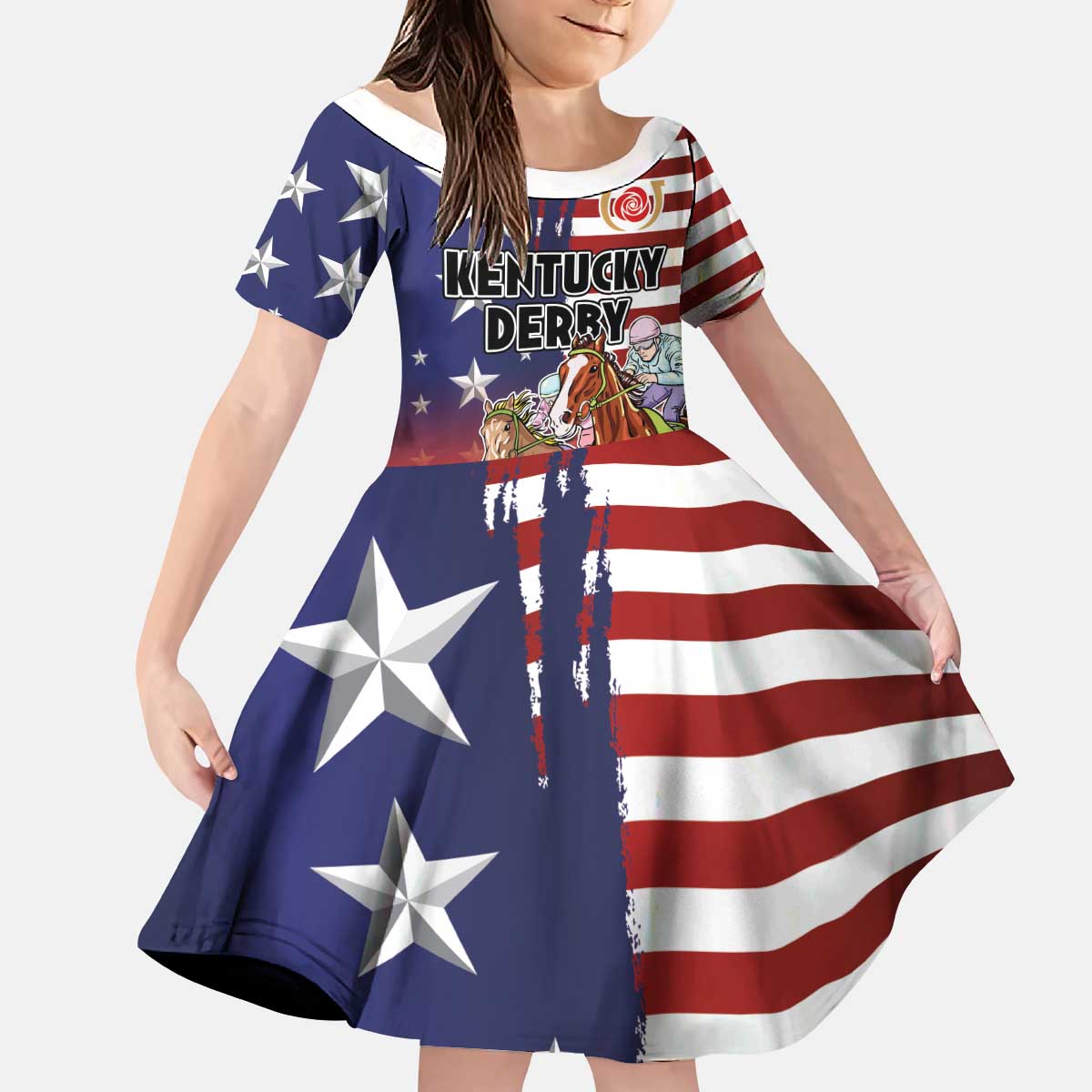 Kentucky Horses Racing Kid Short Sleeve Dress Roses Road with US Flag Style